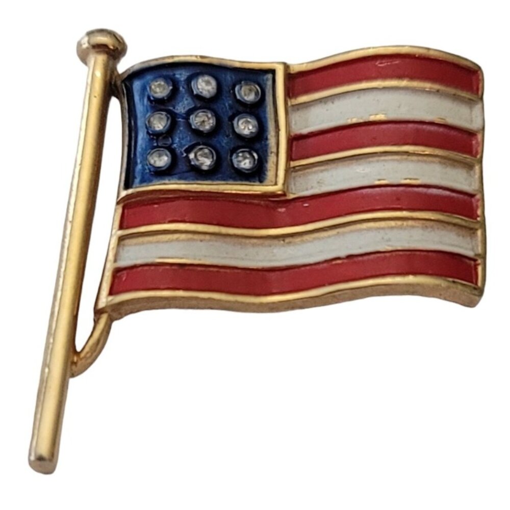 Trifari Red White Blue Enamel Clear Rhinestone US Flag Brooch Pin, Signed E711